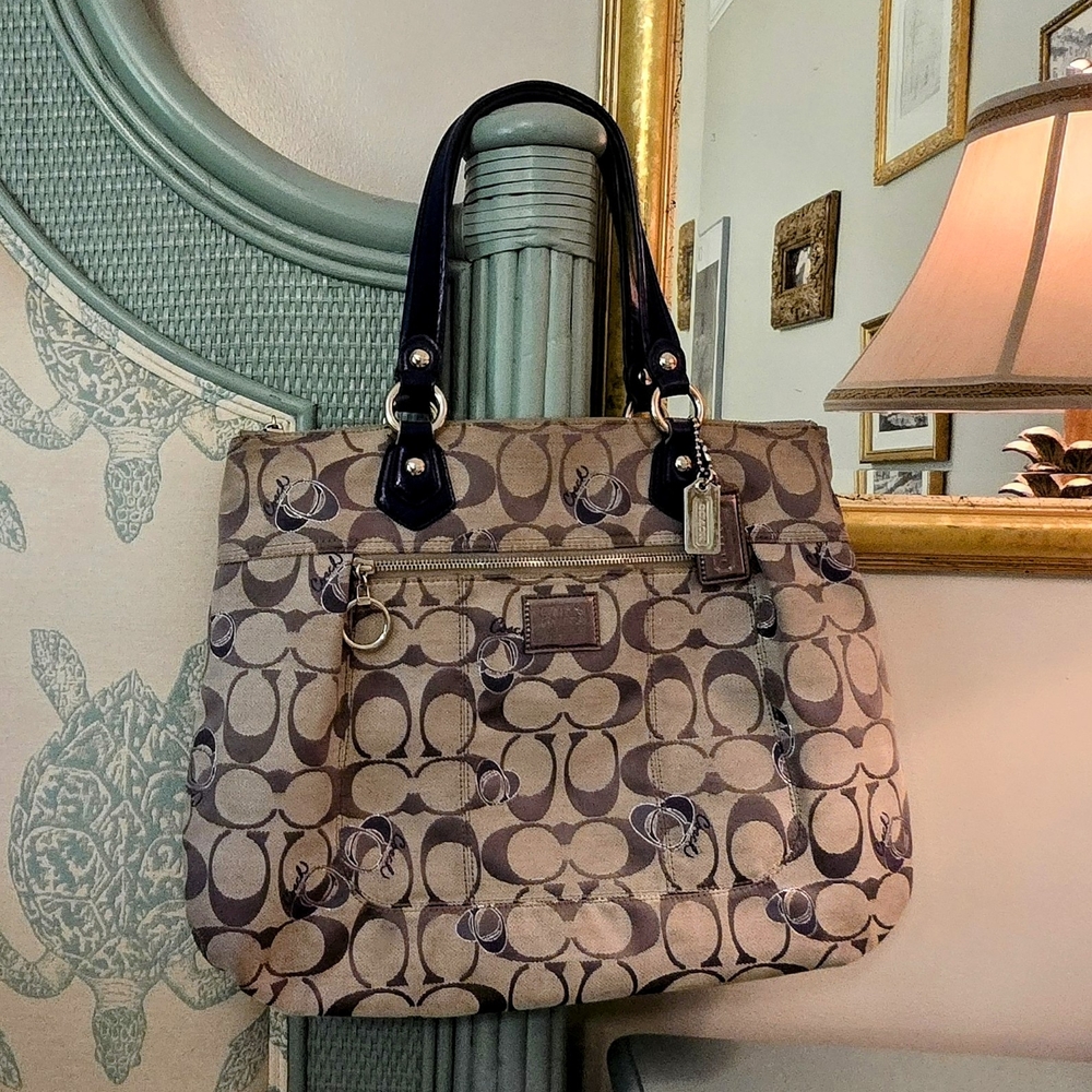 Coach Signature Poppy Tote Bag Cobalt Blue Patent Leather Silver Gray A